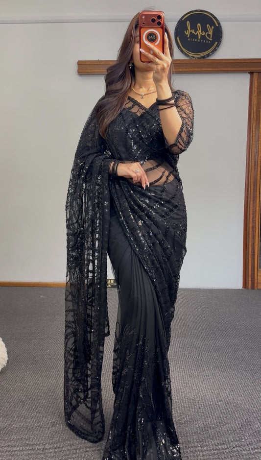 Black net saree with sequin embroidery and matching full-sleeve embroidered blouse — Behuli Australia
