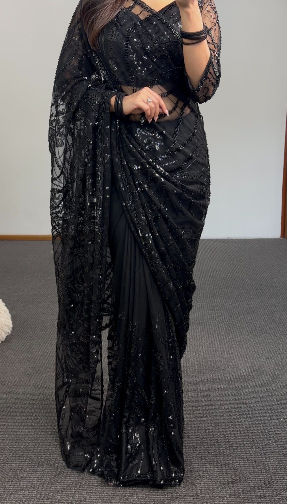 Black net saree with sequin embroidery and matching full-sleeve embroidered blouse — Behuli Australia — view 3