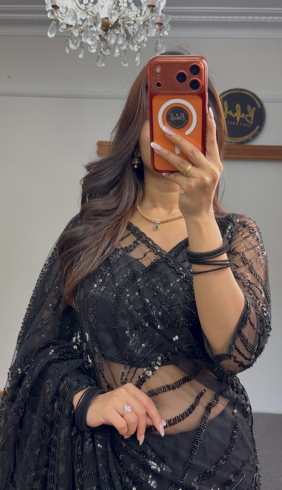 Black net saree with sequin embroidery and matching full-sleeve embroidered blouse — Behuli Australia — view 4