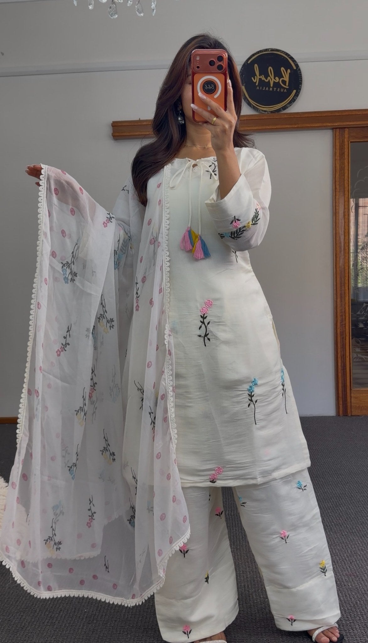 Ivory floral embroidered kurti set with palazzo pants and sheer dupatta featuring lace trim — Behuli Australia