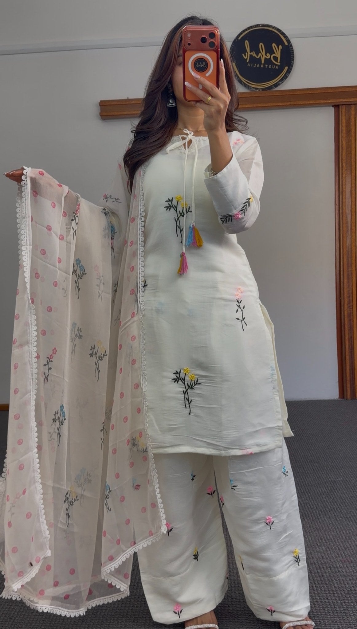 Ivory floral embroidered kurti set with palazzo pants and sheer dupatta featuring lace trim — Behuli Australia — Ivory Dupatta