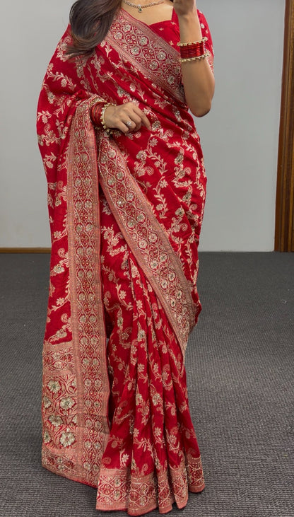 Red Khaddi georgette saree with gold zari embroidered border and sequin detailing draped with matching red blouse — view 2