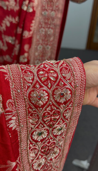 Red Khaddi georgette saree with gold zari embroidered border and sequin detailing draped with matching red blouse — view 3