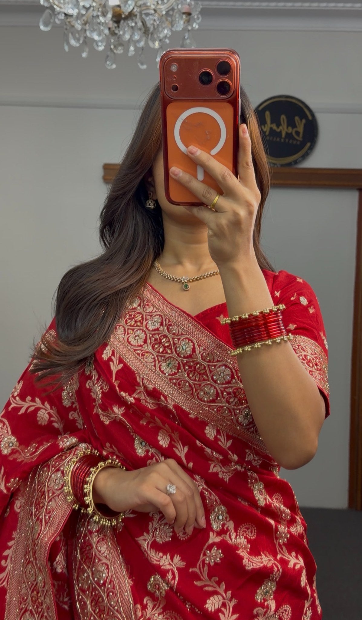 Red Khaddi georgette saree with gold zari embroidered border and sequin detailing draped with matching red blouse — view 4