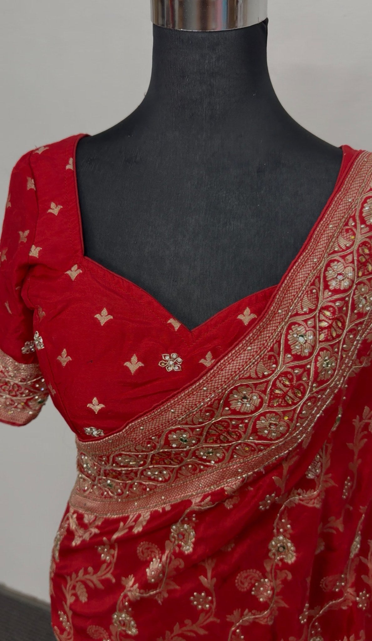 Red Khaddi georgette saree with gold zari embroidered border and sequin detailing draped with matching red blouse — view 5