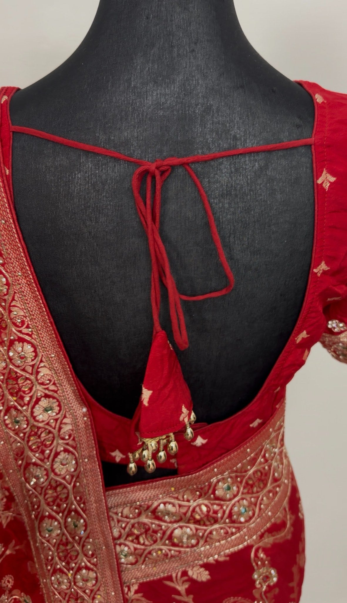 Red Khaddi georgette saree with gold zari embroidered border and sequin detailing draped with matching red blouse — view 6