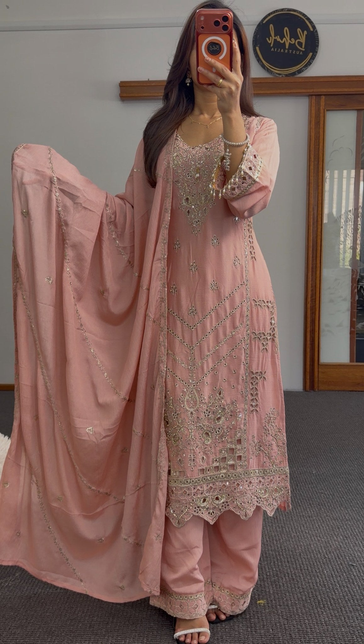 Dusty pink kurti set with mirror work and embroidery detailing, matching dupatta and trousers — Behuli Australia