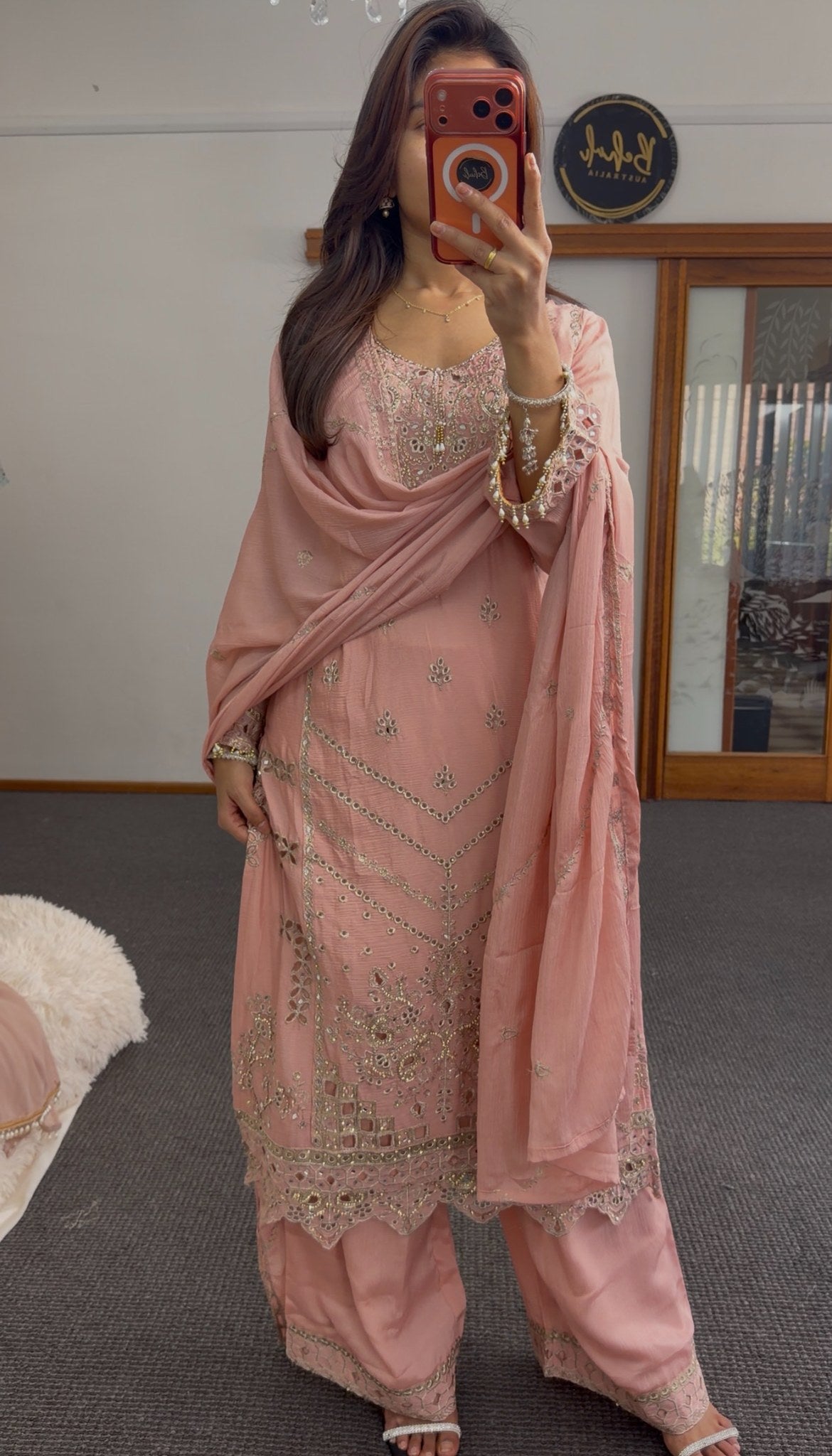 Dusty pink kurti set with mirror work and embroidery detailing, matching dupatta and trousers — Behuli Australia — view 2