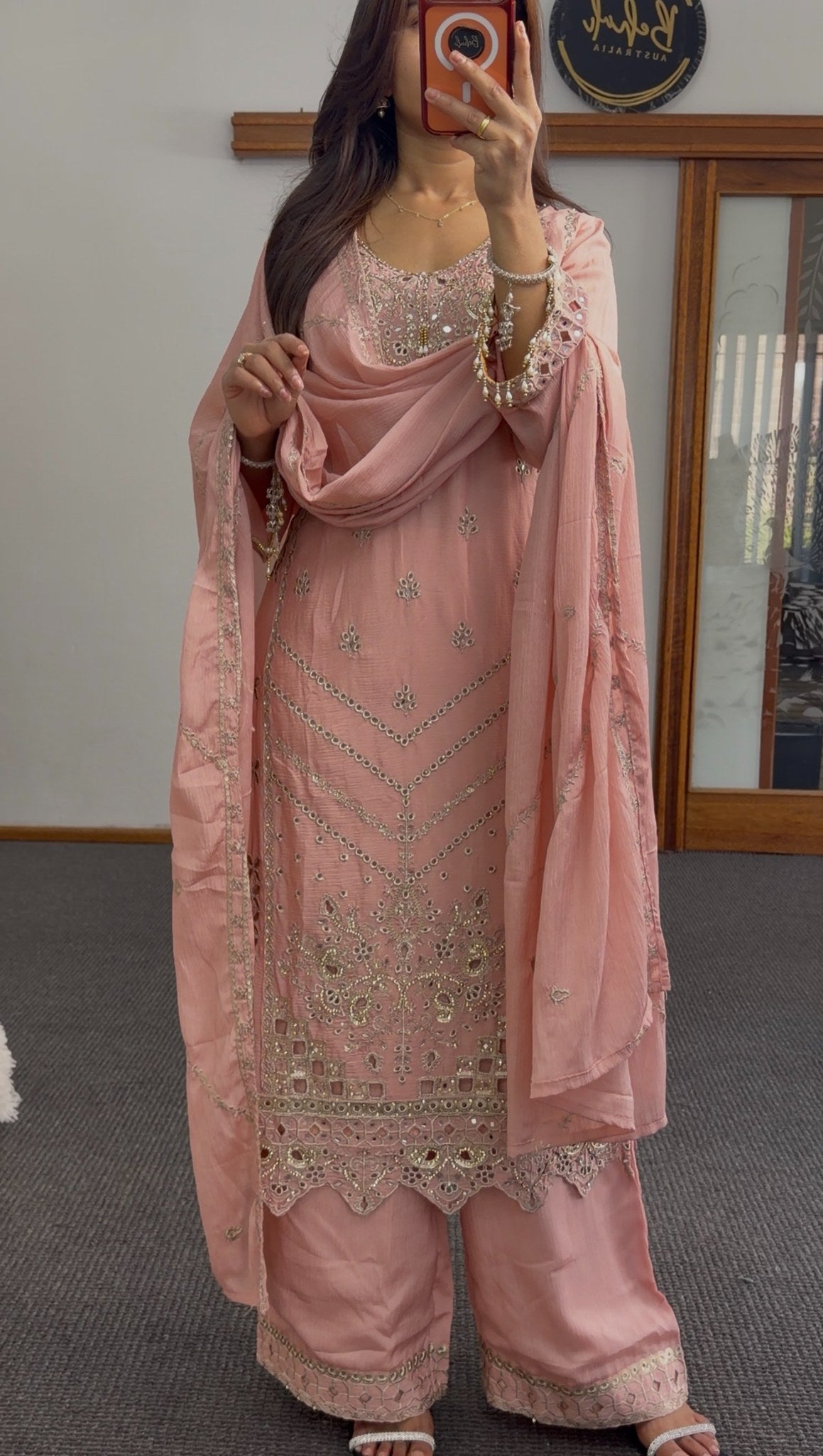 Dusty pink kurti set with mirror work and embroidery detailing, matching dupatta and trousers — Behuli Australia — view 3