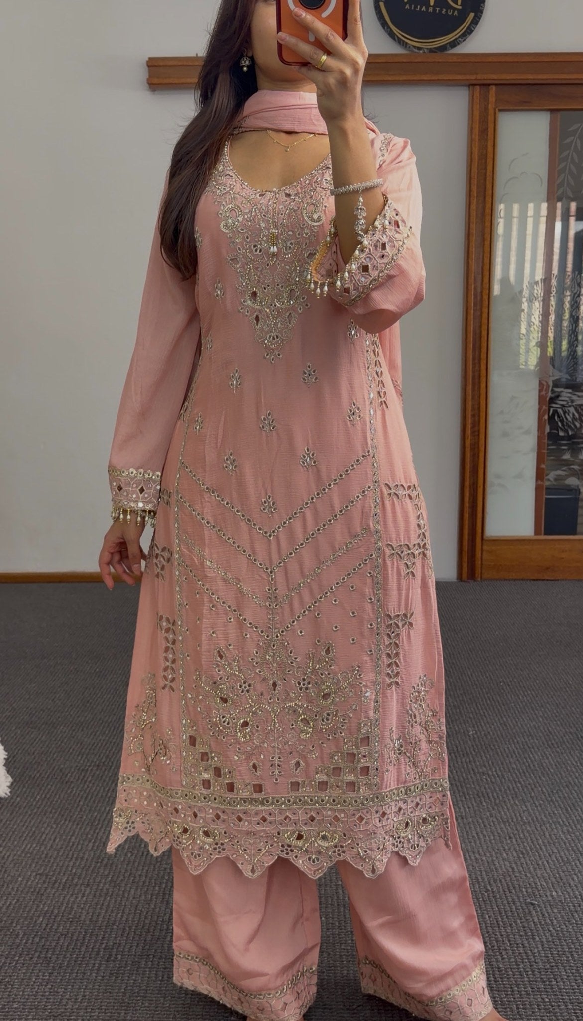 Dusty pink kurti set with mirror work and embroidery detailing, matching dupatta and trousers — Behuli Australia — view 4