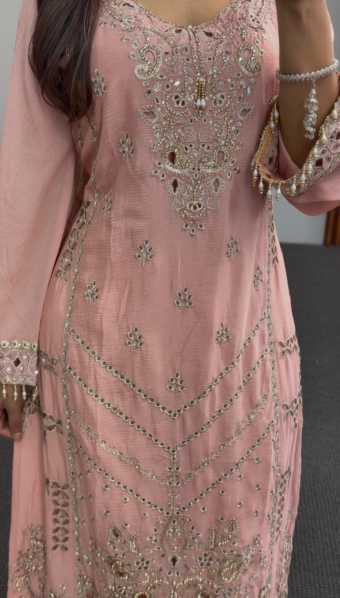 Dusty pink kurti set with mirror work and embroidery detailing, matching dupatta and trousers — Behuli Australia — view 5