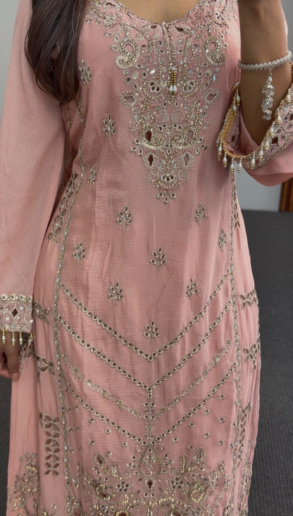 Dusty pink kurti set with mirror work and embroidery detailing, matching dupatta and trousers — Behuli Australia — view 5