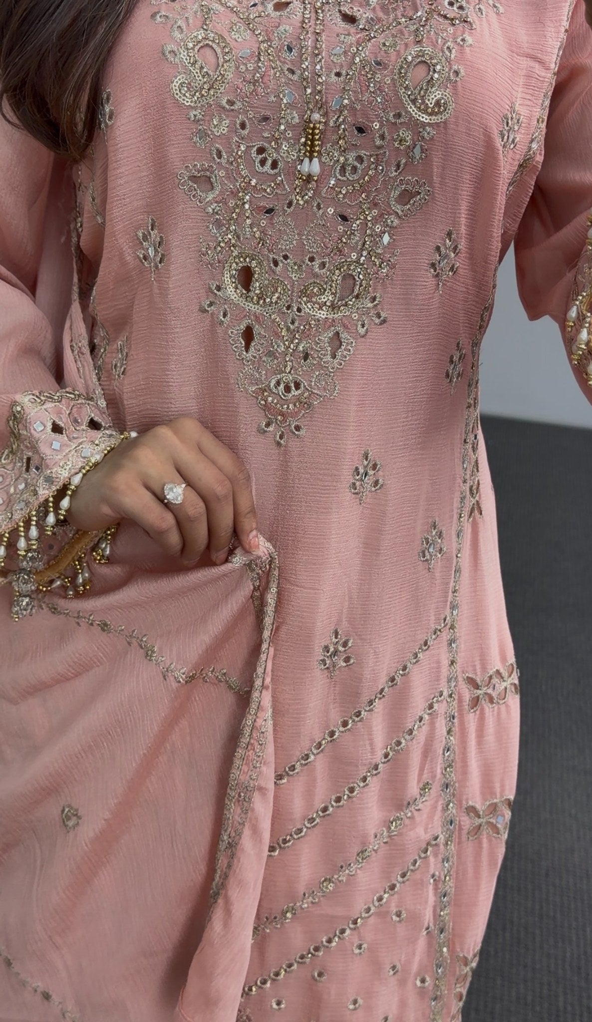 Dusty pink kurti set with mirror work and embroidery detailing, matching dupatta and trousers — Behuli Australia — view 6