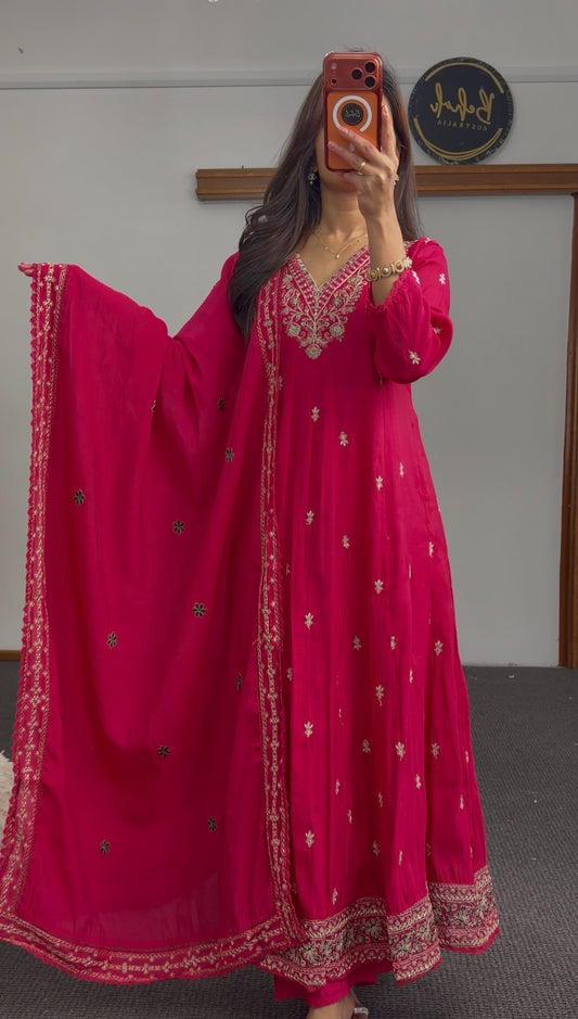 Fuchsia Anarkali kurti set with gold floral embroidery and matching embellished dupatta — Behuli Australia