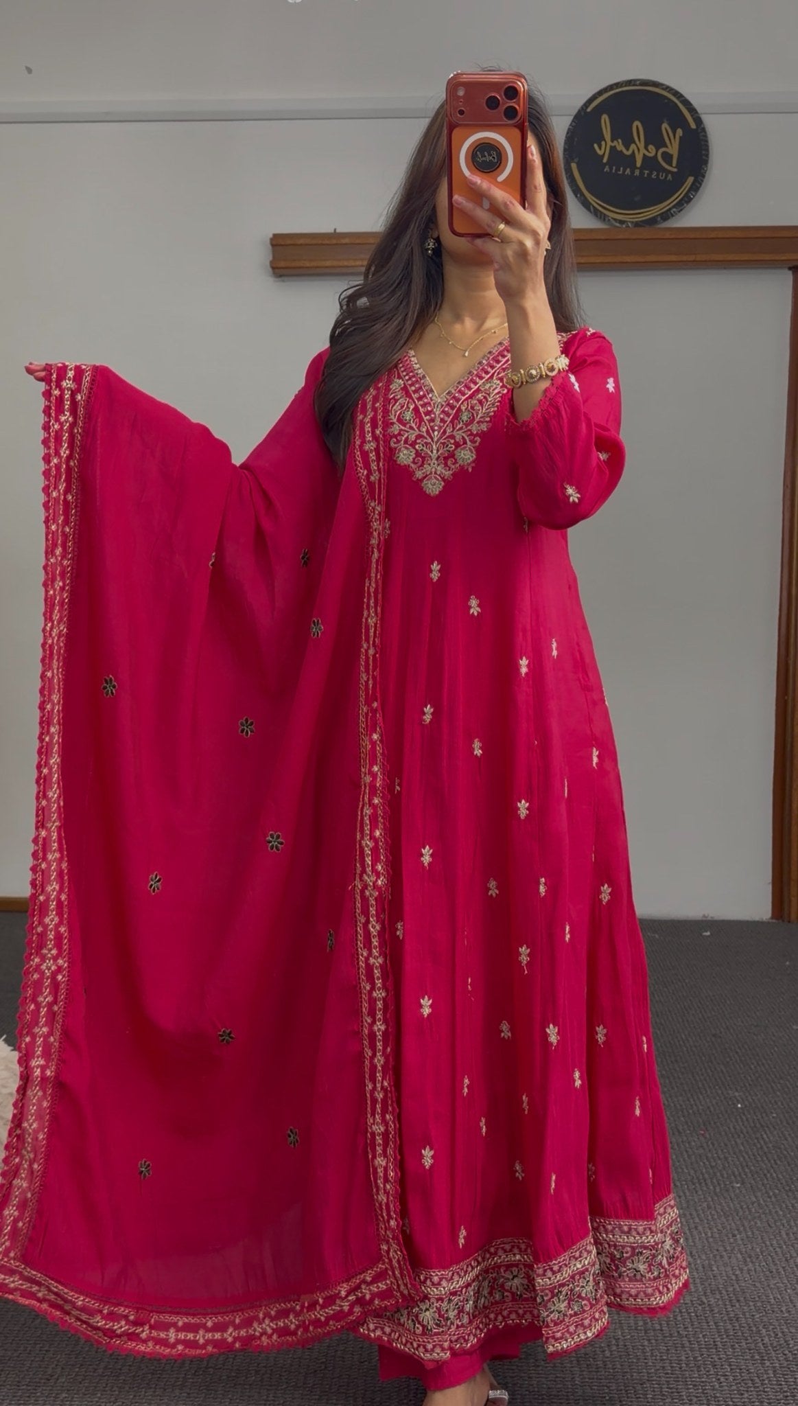 Fuchsia Anarkali kurti set with gold floral embroidery and matching embellished dupatta — Behuli Australia