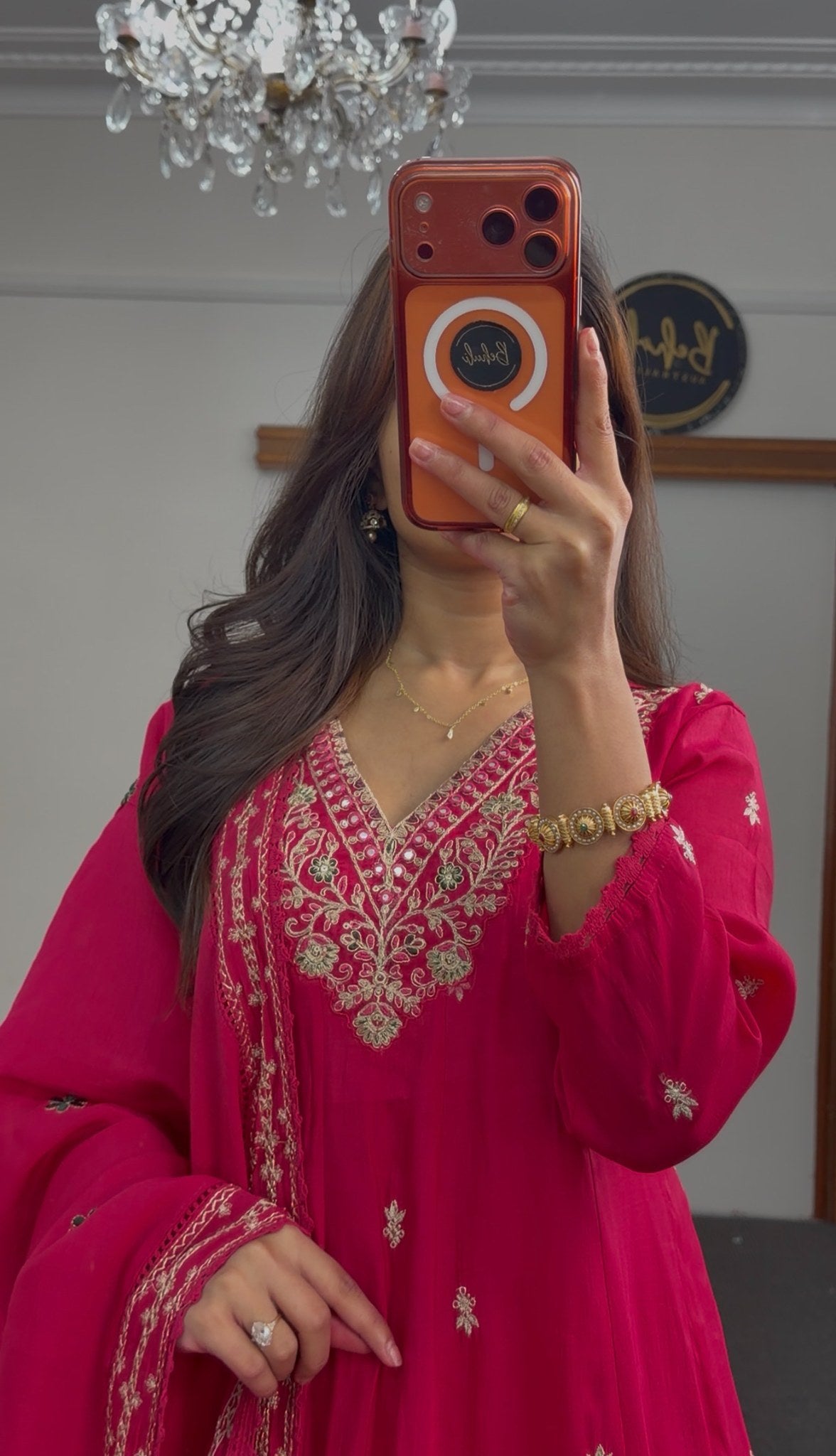 Fuchsia Anarkali kurti set with gold floral embroidery and matching embellished dupatta — Behuli Australia — view 2
