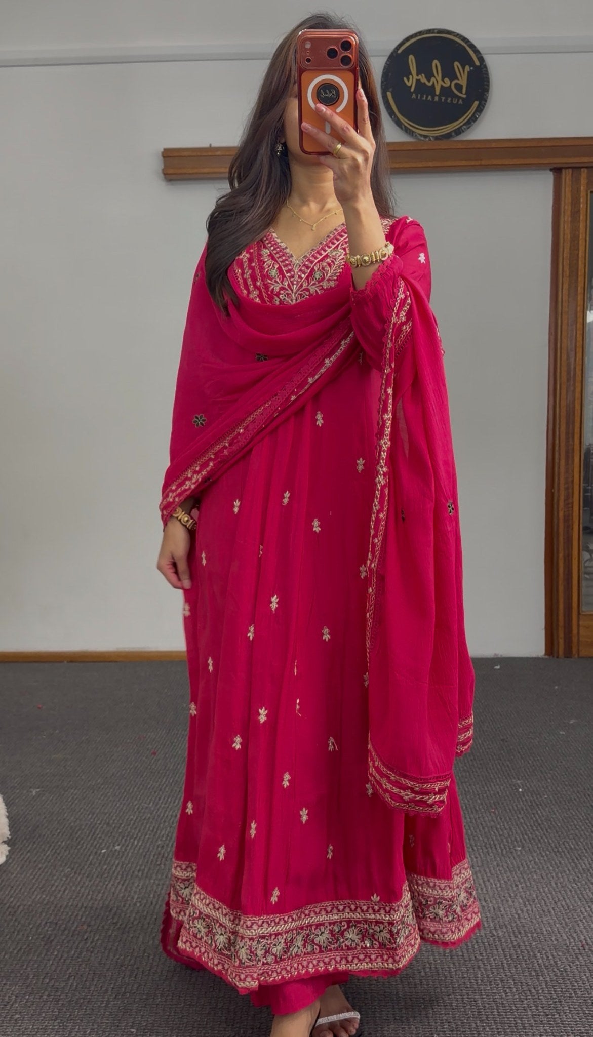 Fuchsia Anarkali kurti set with gold floral embroidery and matching embellished dupatta — Behuli Australia — view 3