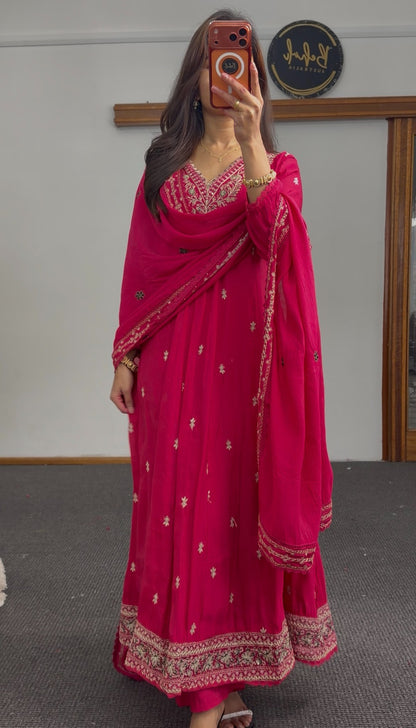 Fuchsia Anarkali kurti set with gold floral embroidery and matching embellished dupatta — Behuli Australia — view 3