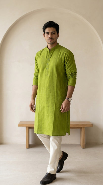 Olive green men's kurti with mandarin collar, button placket and subtle striped texture worn with ivory trousers