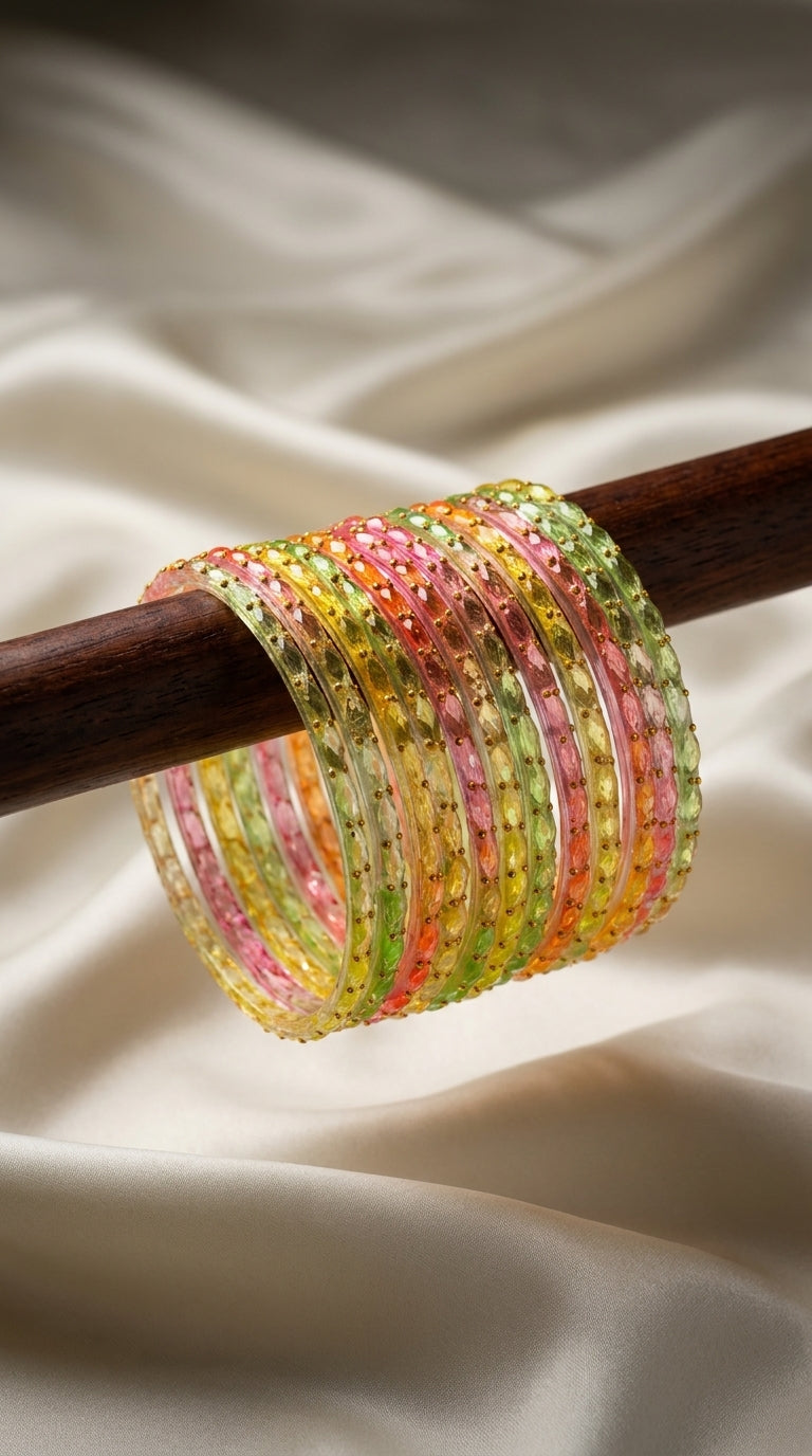 Multicolour stone work bangles stack with gold-tone bead detailing displayed on wooden rod — Behuli Australia