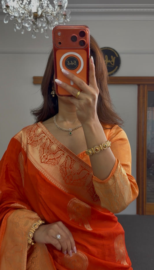 Burnt-orange saree with gold zari buta motifs and ornate woven border, styled with matching blouse — Behuli Australia — view 2