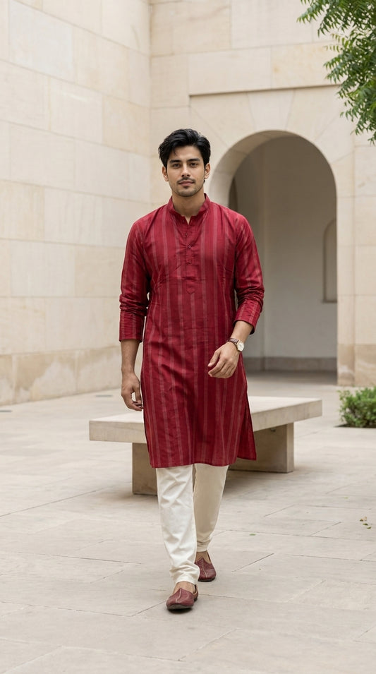 Maroon striped men's kurti with mandarin collar and cream trousers styled with traditional juti shoes