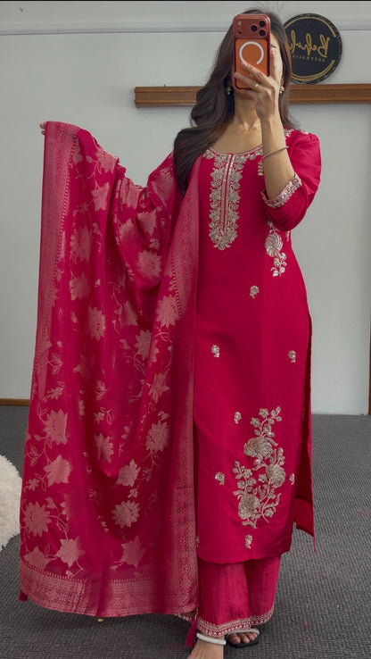 Fuchsia viscose silk kurti set with gold floral embroidery and matching banarasi jacquard dupatta