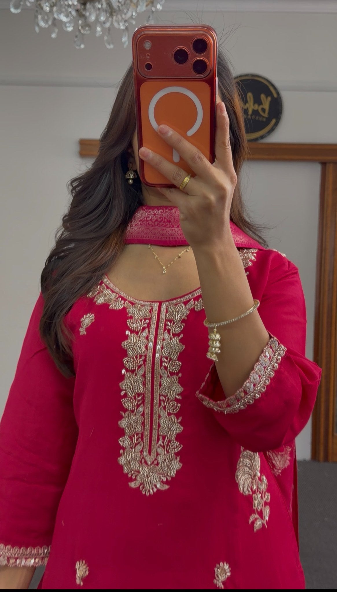 Fuchsia viscose silk kurti set with gold floral embroidery and matching banarasi jacquard dupatta — view 2