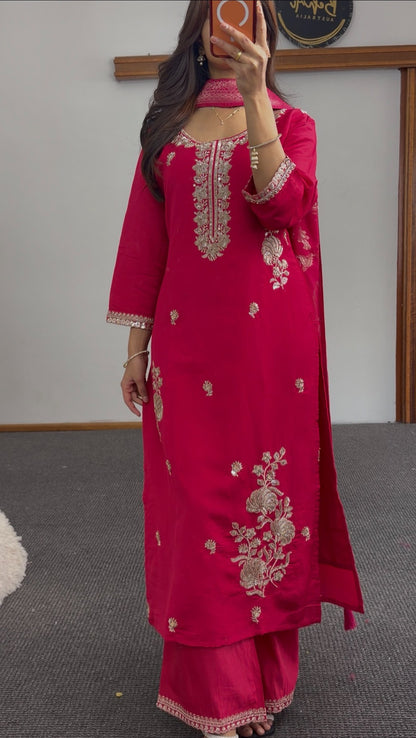 Fuchsia viscose silk kurti set with gold floral embroidery and matching banarasi jacquard dupatta — view 3