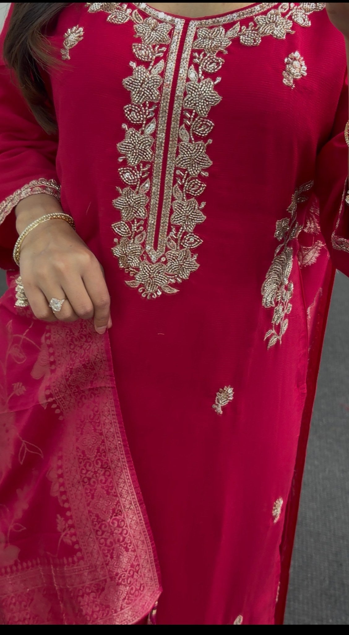 Fuchsia viscose silk kurti set with gold floral embroidery and matching banarasi jacquard dupatta — view 4