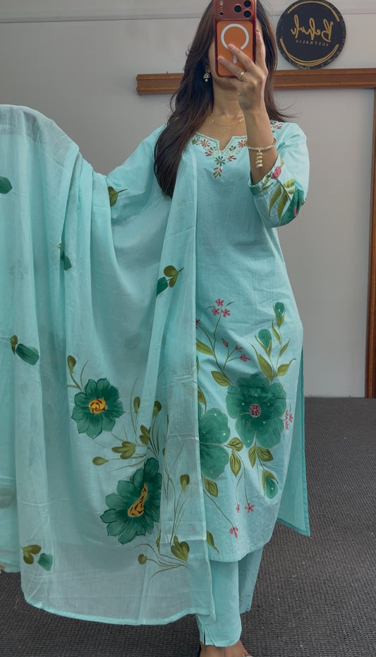 Aqua cotton kurti set with green and pink floral print, embroidered neckline and matching dupatta — Behuli Australia