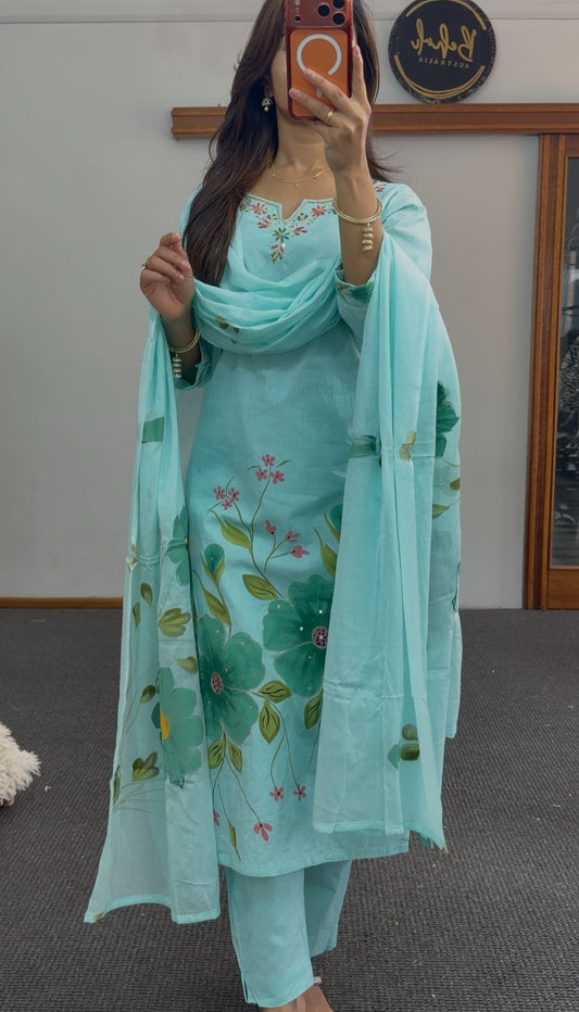 Aqua cotton kurti set with green and pink floral print, embroidered neckline and matching dupatta — Behuli Australia — view 2