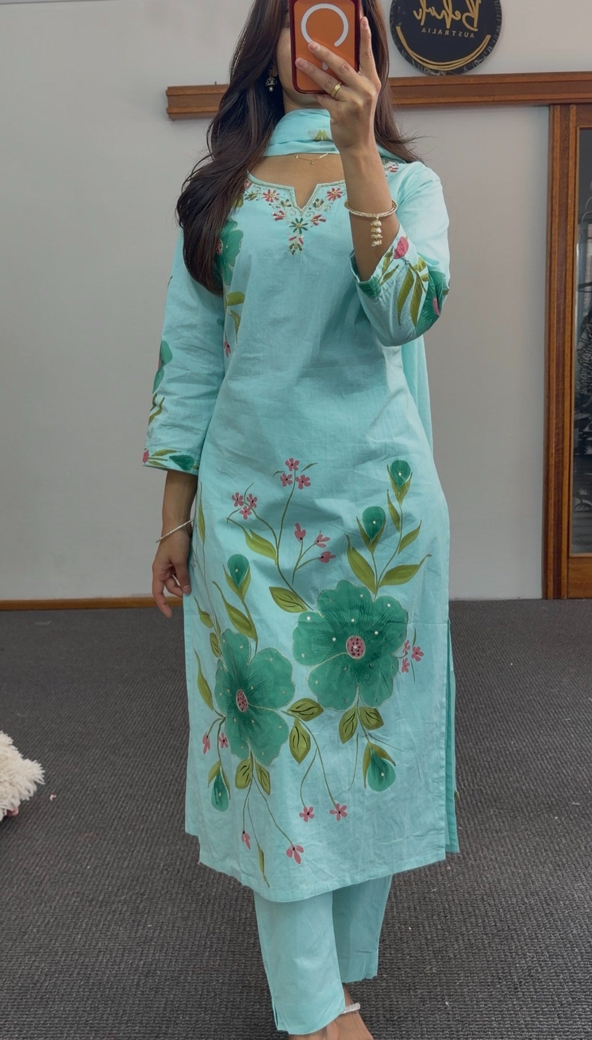 Aqua cotton kurti set with green and pink floral print, embroidered neckline and matching dupatta — Behuli Australia — view 3