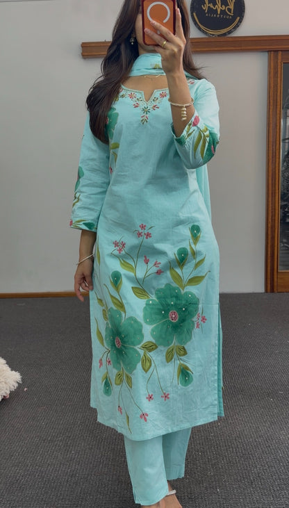 Aqua cotton kurti set with green and pink floral print, embroidered neckline and matching dupatta — Behuli Australia — view 3