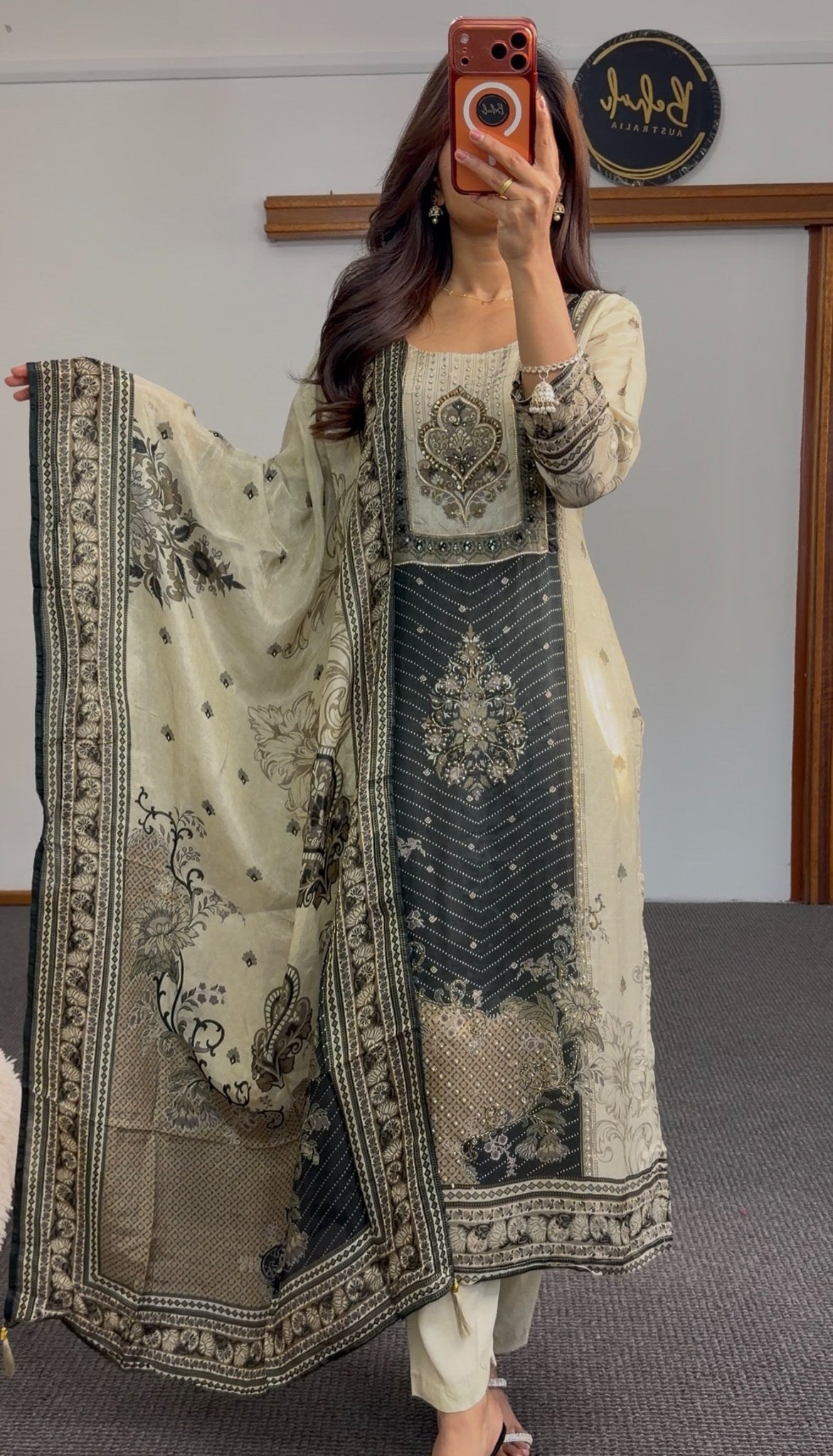 Ivory kurti set with black embroidered panel, stone detailing and printed dupatta draped over shoulder — Behuli Australia