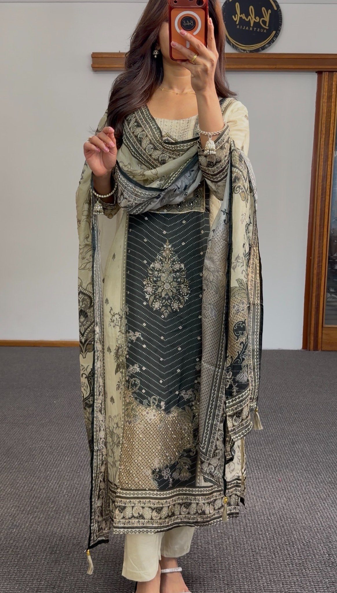 Ivory kurti set with black embroidered panel, stone detailing and printed dupatta draped over shoulder — Behuli Australia — view 2