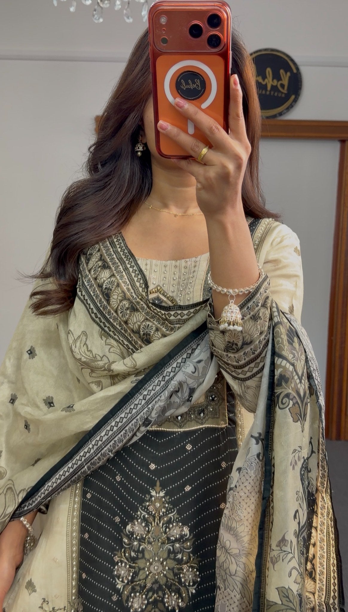 Ivory kurti set with black embroidered panel, stone detailing and printed dupatta draped over shoulder — Behuli Australia — view 3