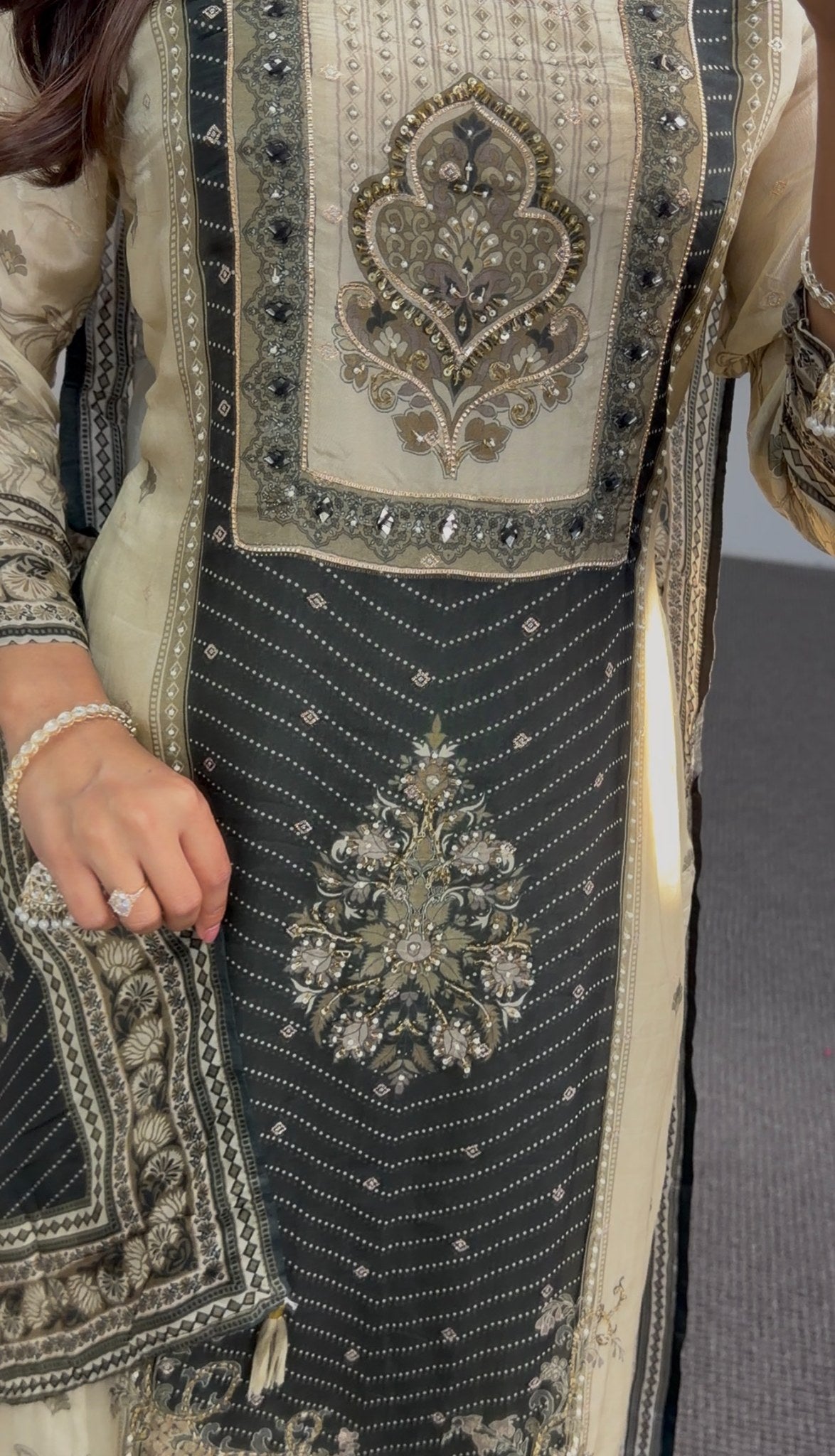 Ivory kurti set with black embroidered panel, stone detailing and printed dupatta draped over shoulder — Behuli Australia — view 4