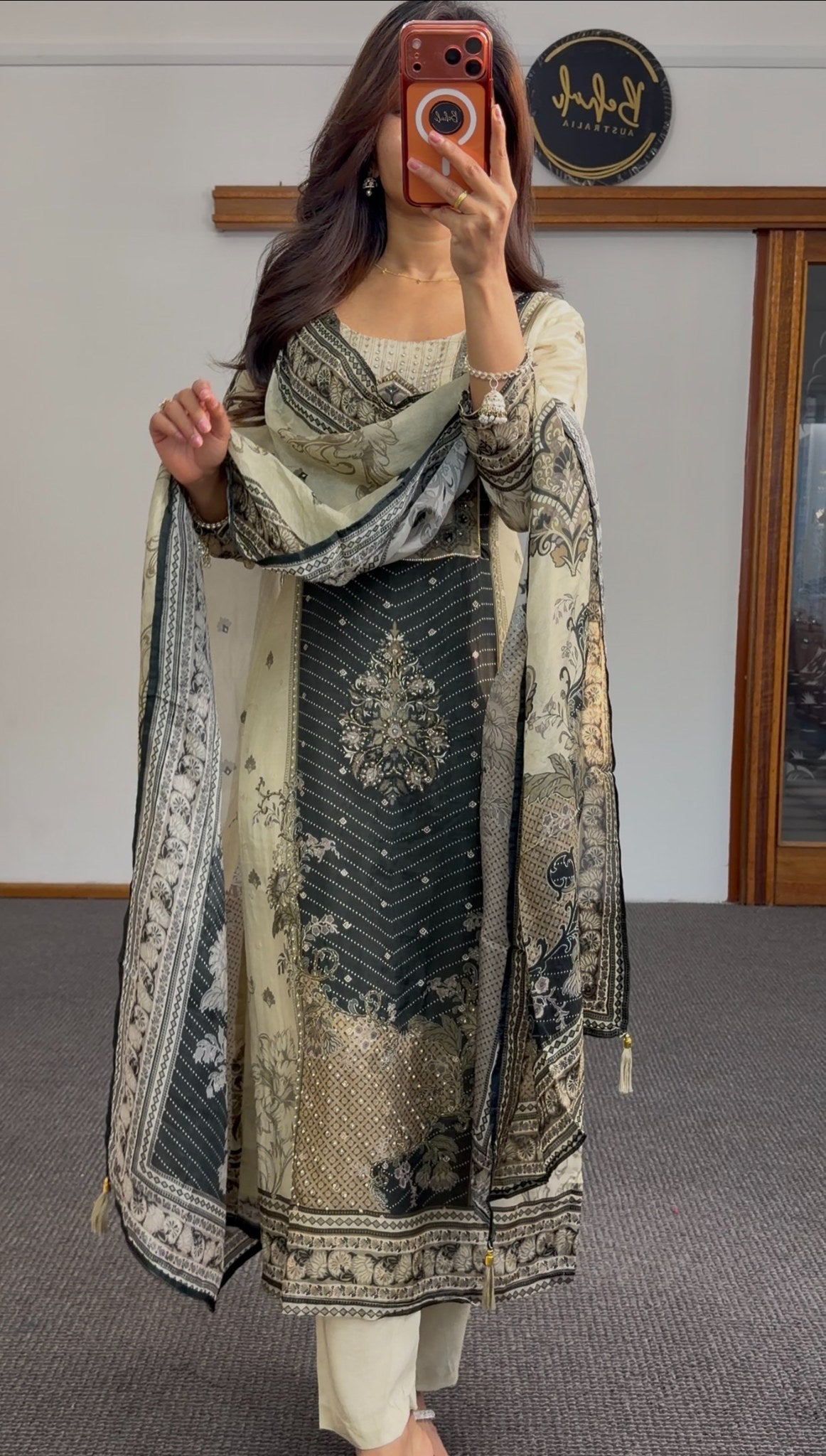 Ivory kurti set with black embroidered panel, stone detailing and printed dupatta draped over shoulder — Behuli Australia — view 5