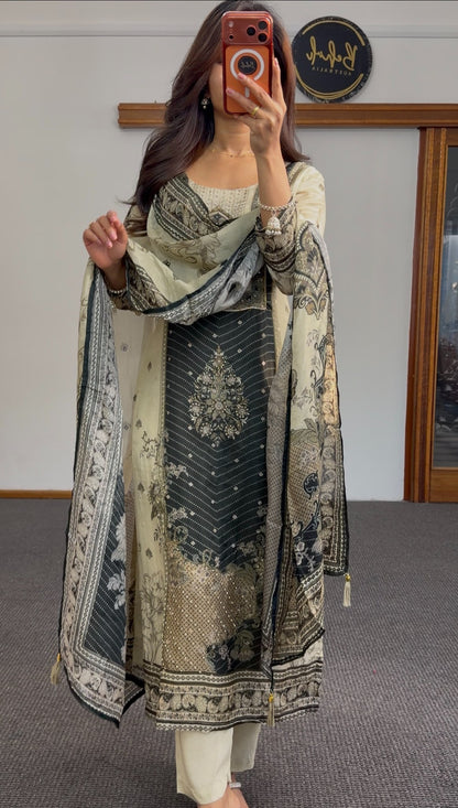 Ivory kurti set with black embroidered panel, stone detailing and printed dupatta draped over shoulder — Behuli Australia — view 5