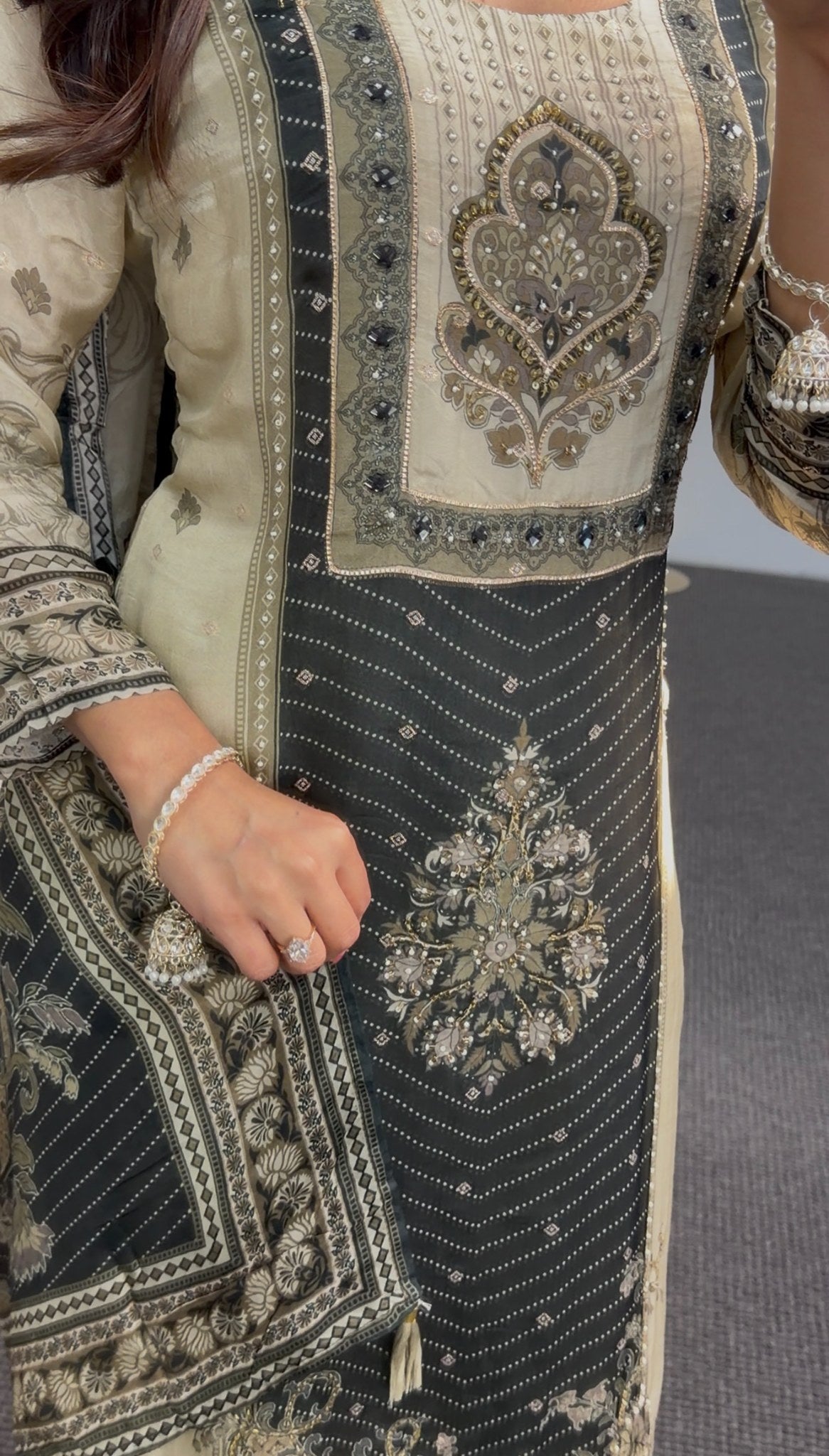Ivory kurti set with black embroidered panel, stone detailing and printed dupatta draped over shoulder — Behuli Australia — view 6