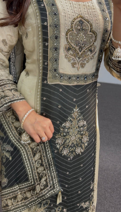 Ivory kurti set with black embroidered panel, stone detailing and printed dupatta draped over shoulder — Behuli Australia — view 6