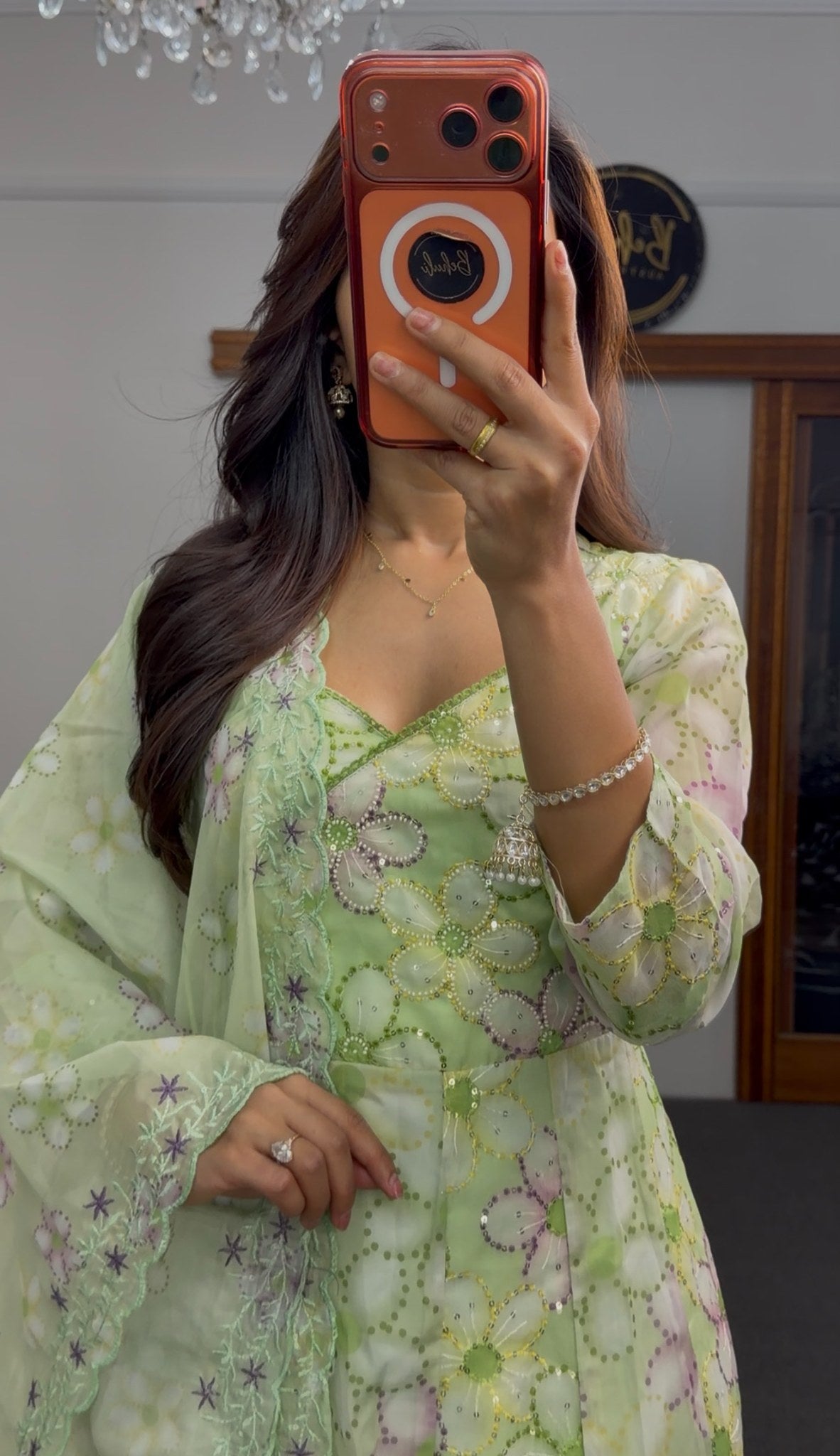 Pastel green floral print Anarkali gown with sequin embroidery, mandarin collar and tie-up waist detail by Behuli Australia — view 2