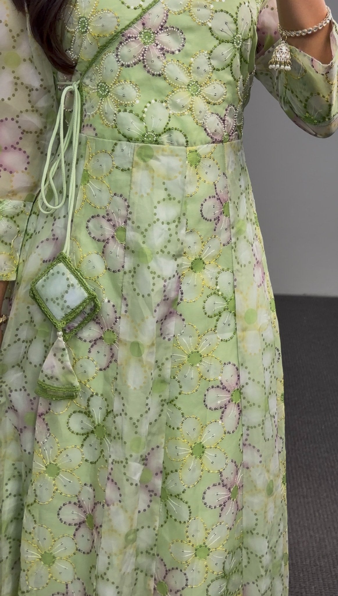 Pastel green floral print Anarkali gown with sequin embroidery, mandarin collar and tie-up waist detail by Behuli Australia — view 3