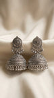 Oxidised Silver Jhumka Earrings with Engraved Bell Dome