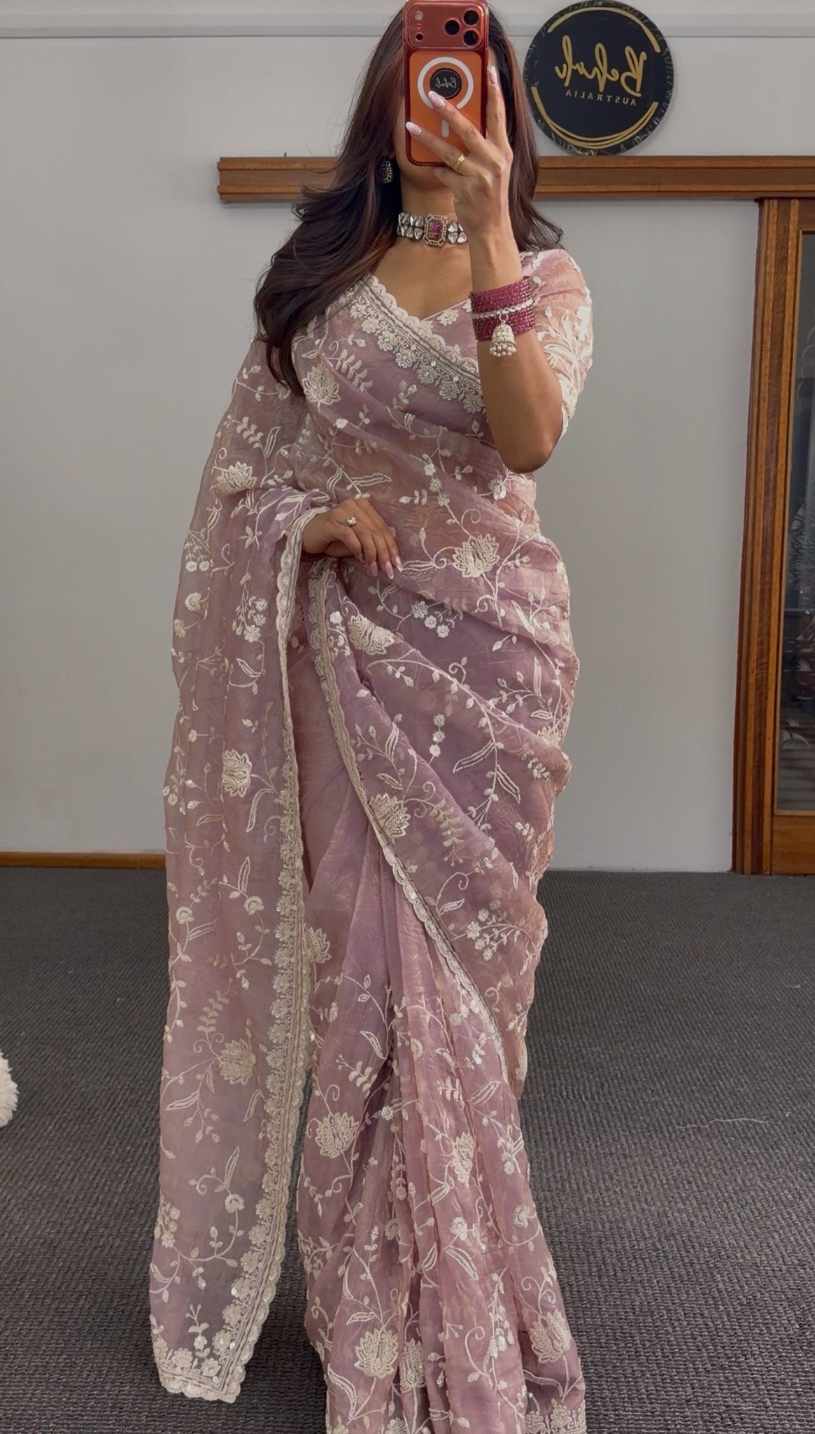 Dusty rose mauve saree with all-over white floral threadwork embroidery and scalloped ivory border — Behuli Australia