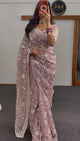 Dusty Rose Floral Embroidered Saree with White Threadwork