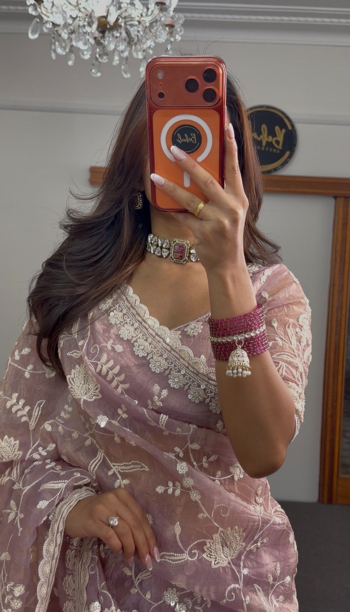 Dusty rose mauve saree with all-over white floral threadwork embroidery and scalloped ivory border — Behuli Australia — view 2