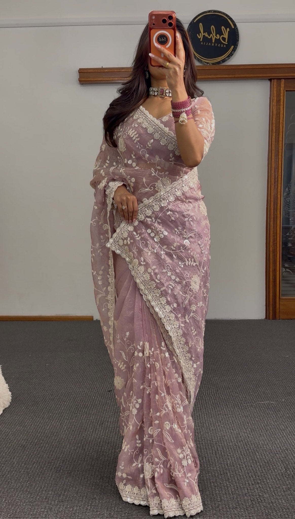 Dusty rose mauve saree with all-over white floral threadwork embroidery and scalloped ivory border — Behuli Australia — view 3