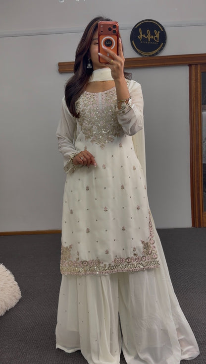 Ivory palazzo suit set with floral sequin embroidery, rose gold thread border and dupatta — Behuli Australia